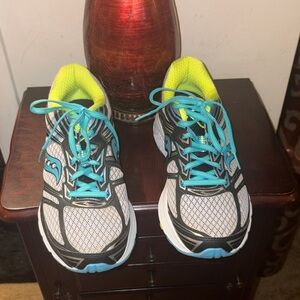 Saucony Women's Running Sneakers in White, Black & Teal with Neon Yellow Lining